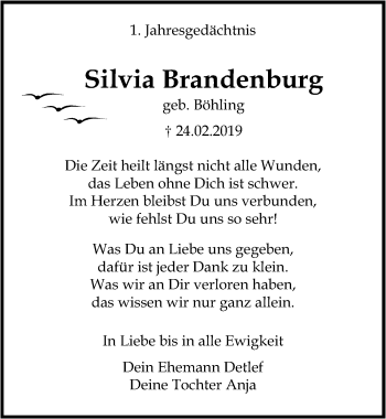 Traueranzeige von Silvia Brandenburg von Ostsee-Zeitung GmbH