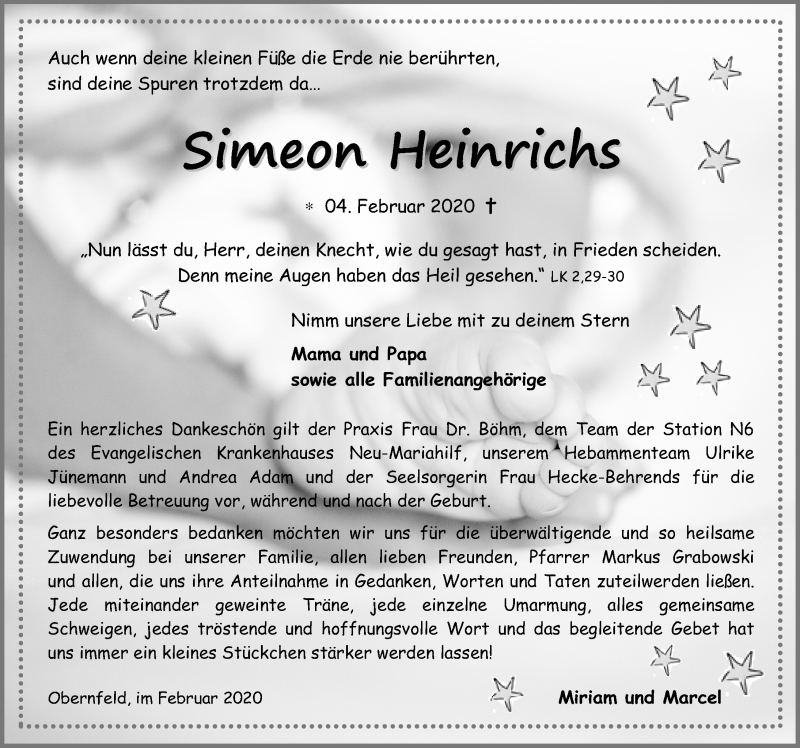 Traueranzeige für Simeon Heinrichs vom 15.02.2020 aus Eichsfelder Tageblatt