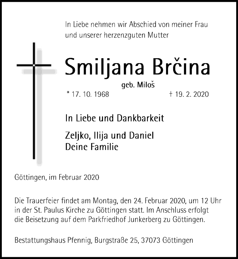  Traueranzeige für Smiljana Brcina vom 22.02.2020 aus Göttinger Tageblatt