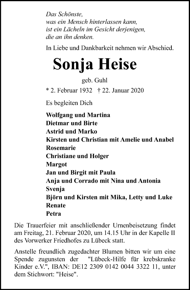  Traueranzeige für Sonja Heise vom 02.02.2020 aus Lübecker Nachrichten