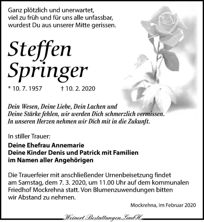  Traueranzeige für Steffen Springer vom 22.02.2020 aus Torgauer Zeitung
