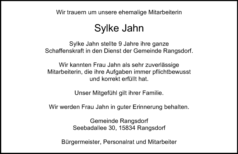  Traueranzeige für Sylke Jahn vom 15.02.2020 aus Märkischen Allgemeine Zeitung