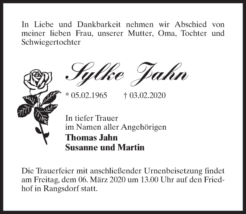  Traueranzeige für Sylke Jahn vom 15.02.2020 aus Märkischen Allgemeine Zeitung