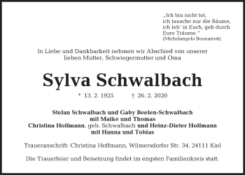 Traueranzeige von Sylva Schwalbach von Kieler Nachrichten