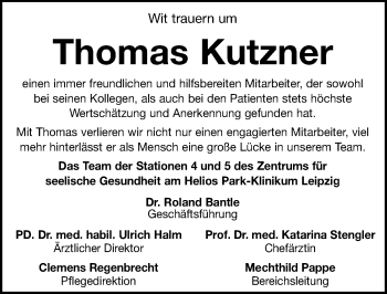 Traueranzeige von Thomas Kutzner von Leipziger Volkszeitung