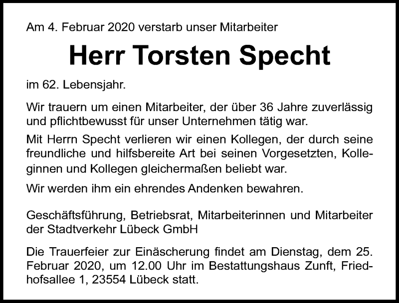  Traueranzeige für Torsten Specht vom 09.02.2020 aus Lübecker Nachrichten