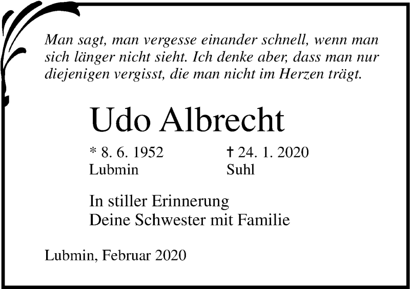  Traueranzeige für Udo Albrecht vom 15.02.2020 aus Ostsee-Zeitung GmbH