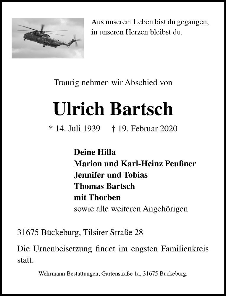  Traueranzeige für Ulrich Bartsch vom 22.02.2020 aus Schaumburger Nachrichten