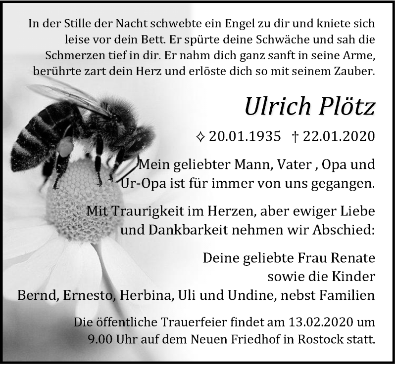  Traueranzeige für Ulrich Plötz vom 05.02.2020 aus Ostsee-Zeitung GmbH