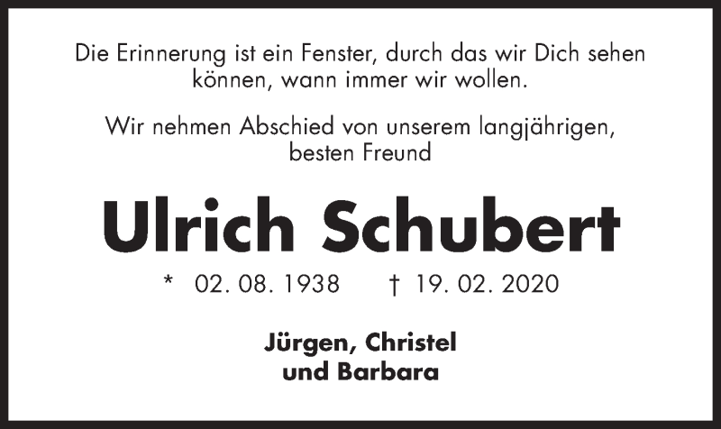 Traueranzeige für Ulrich Schubert vom 29.02.2020 aus Kieler Nachrichten