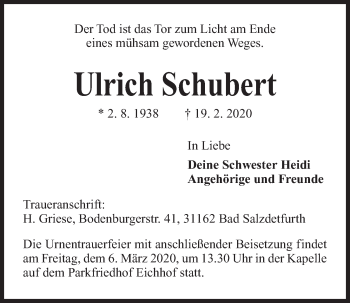 Traueranzeige von Ulrich Schubert von Kieler Nachrichten
