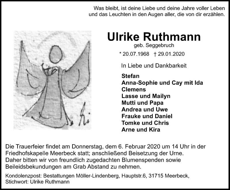  Traueranzeige für Ulrike Ruthmann vom 01.02.2020 aus Schaumburger Nachrichten