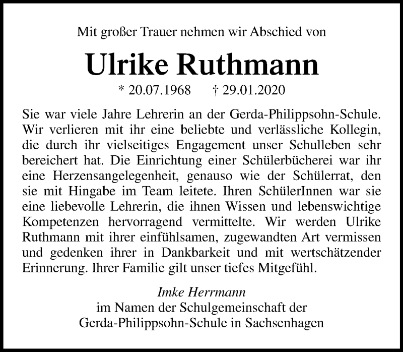 Traueranzeige für Ulrike Ruthmann vom 06.02.2020 aus Schaumburger Nachrichten