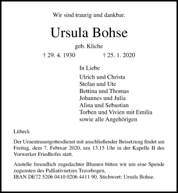 Traueranzeige von Ursula Bohse von Lübecker Nachrichten