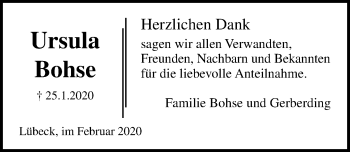 Traueranzeige von Ursula Bohse von Lübecker Nachrichten