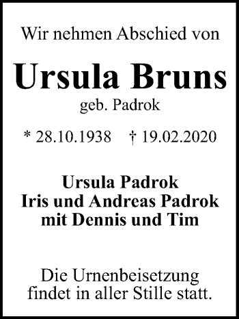Traueranzeige von Ursula Bruns von Hannoversche Allgemeine Zeitung/Neue Presse