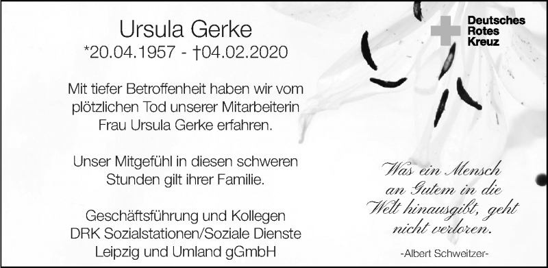  Traueranzeige für Ursula Gerke vom 15.02.2020 aus Leipziger Volkszeitung