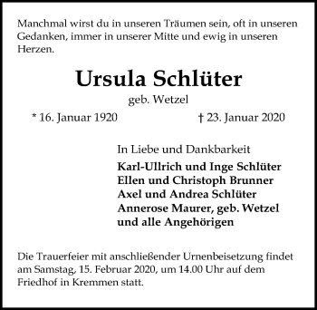 Traueranzeige von Ursula Schlüter von Märkischen Allgemeine Zeitung