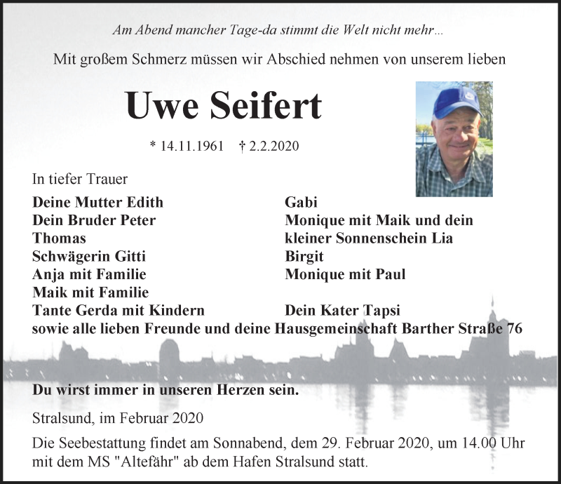  Traueranzeige für Uwe Seifert vom 15.02.2020 aus Ostsee-Zeitung GmbH
