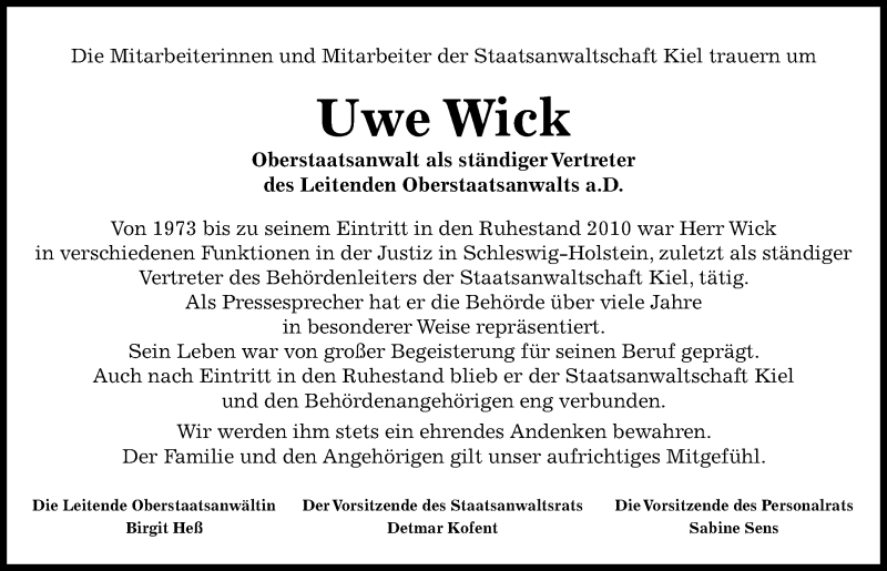  Traueranzeige für Uwe Wick vom 08.02.2020 aus Kieler Nachrichten