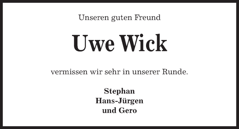  Traueranzeige für Uwe Wick vom 12.02.2020 aus Kieler Nachrichten