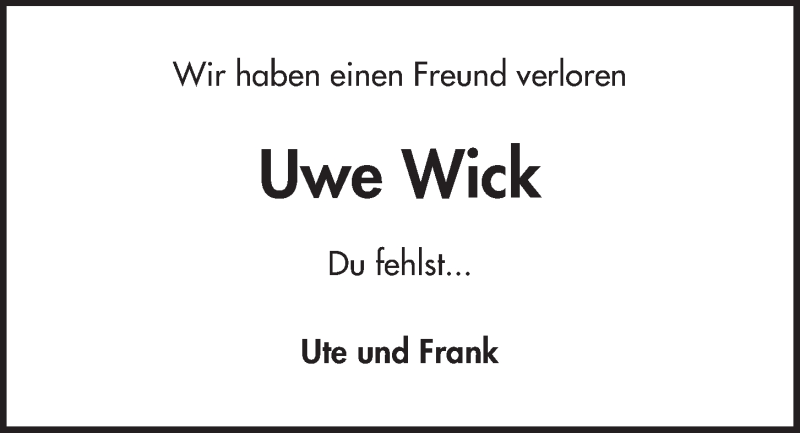  Traueranzeige für Uwe Wick vom 08.02.2020 aus Kieler Nachrichten