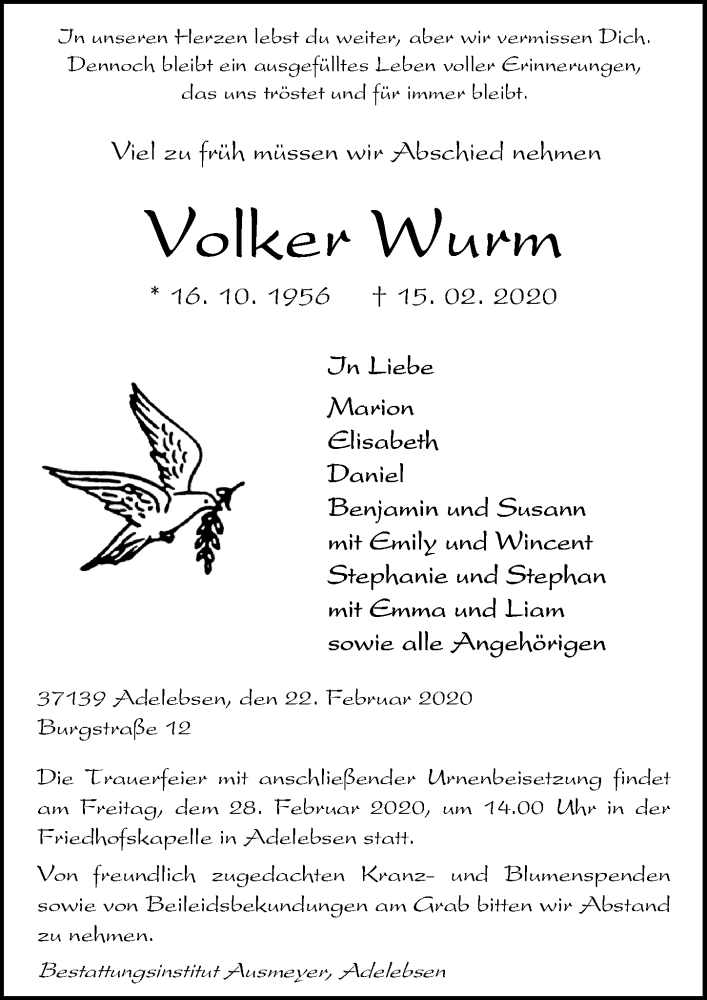  Traueranzeige für Volker Wurm vom 22.02.2020 aus Göttinger Tageblatt