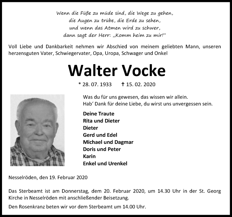  Traueranzeige für Walter Vocke vom 19.02.2020 aus Göttinger Tageblatt