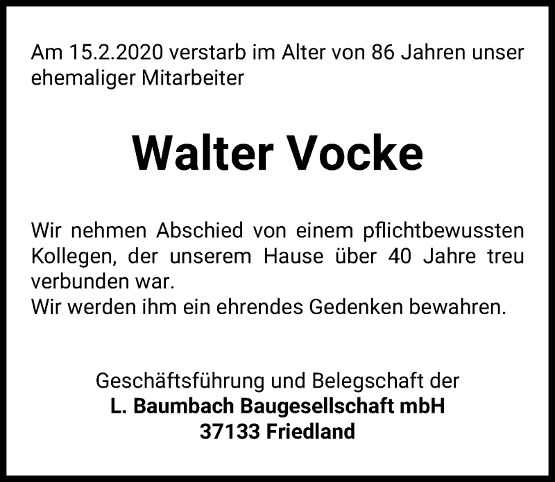  Traueranzeige für Walter Vocke vom 20.02.2020 aus Göttinger Tageblatt