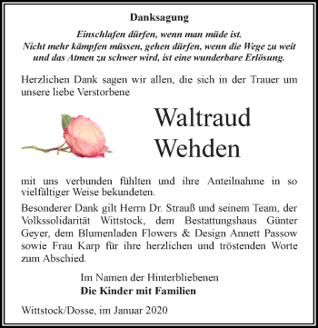 Traueranzeige von Waltraud Wehden von Märkischen Allgemeine Zeitung