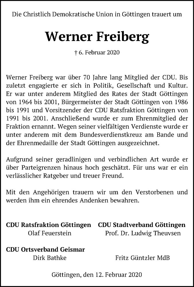  Traueranzeige für Werner Freiberg vom 15.02.2020 aus Göttinger Tageblatt