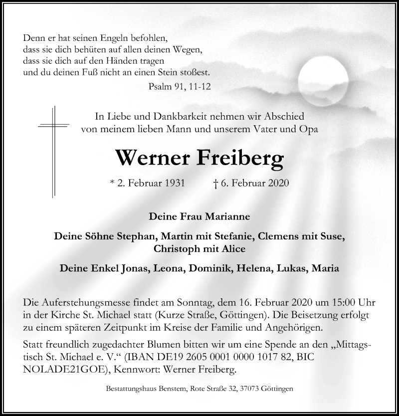  Traueranzeige für Werner Freiberg vom 12.02.2020 aus Göttinger Tageblatt