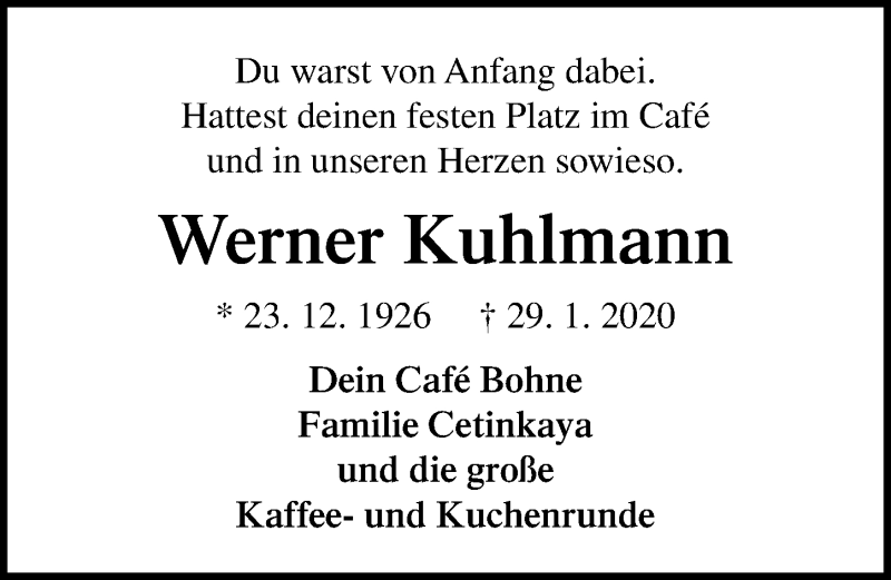  Traueranzeige für Werner Kuhlmann vom 09.02.2020 aus Lübecker Nachrichten