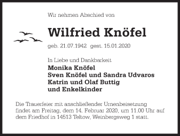 Traueranzeige von Wilfried Knöfel von Märkischen Allgemeine Zeitung