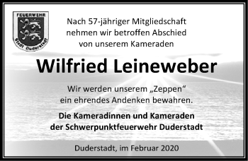 Traueranzeige von Wilfried Leineweber von Eichsfelder Tageblatt