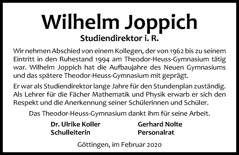  Traueranzeige für Wilhelm Joppich vom 29.02.2020 aus Göttinger Tageblatt