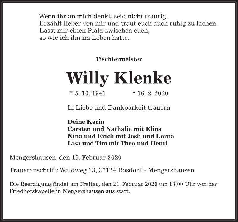  Traueranzeige für Willy Klenke vom 19.02.2020 aus Göttinger Tageblatt