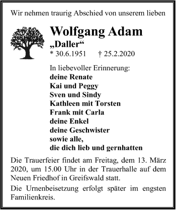 Traueranzeige von Wolfgang Adam von Ostsee-Zeitung GmbH