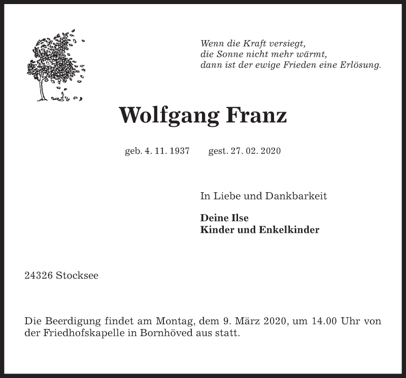 Traueranzeige für Wolfgang Franz vom 29.02.2020 aus Kieler Nachrichten