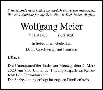 Traueranzeige von Wolfgang Meier von Lübecker Nachrichten