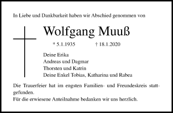 Traueranzeige von Wolfgang Muuß von Lübecker Nachrichten