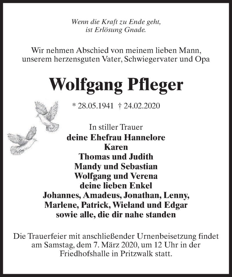  Traueranzeige für Wolfgang Pfleger vom 29.02.2020 aus Märkischen Allgemeine Zeitung