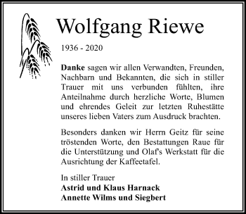 Traueranzeige von Wolfgang Riewe