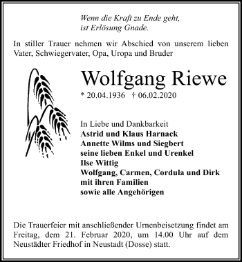 Traueranzeige von Wolfgang Riewe