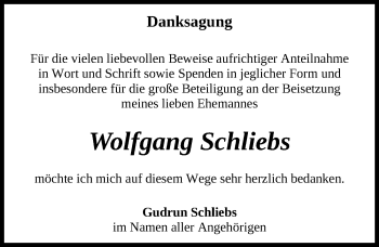 Traueranzeige von Wolfgang Schliebs von Märkischen Allgemeine Zeitung