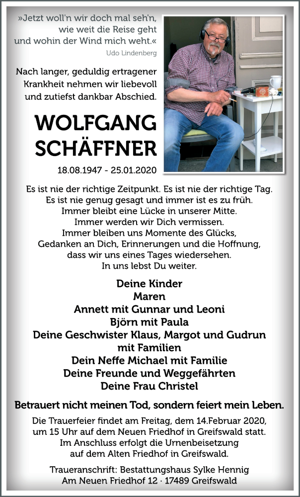  Traueranzeige für Wolfgang Schäffner vom 01.02.2020 aus Ostsee-Zeitung GmbH