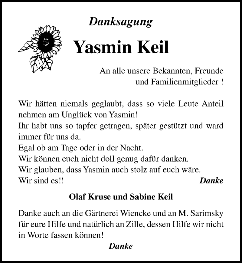  Traueranzeige für Yasmin Keil vom 18.02.2020 aus Ostsee-Zeitung GmbH