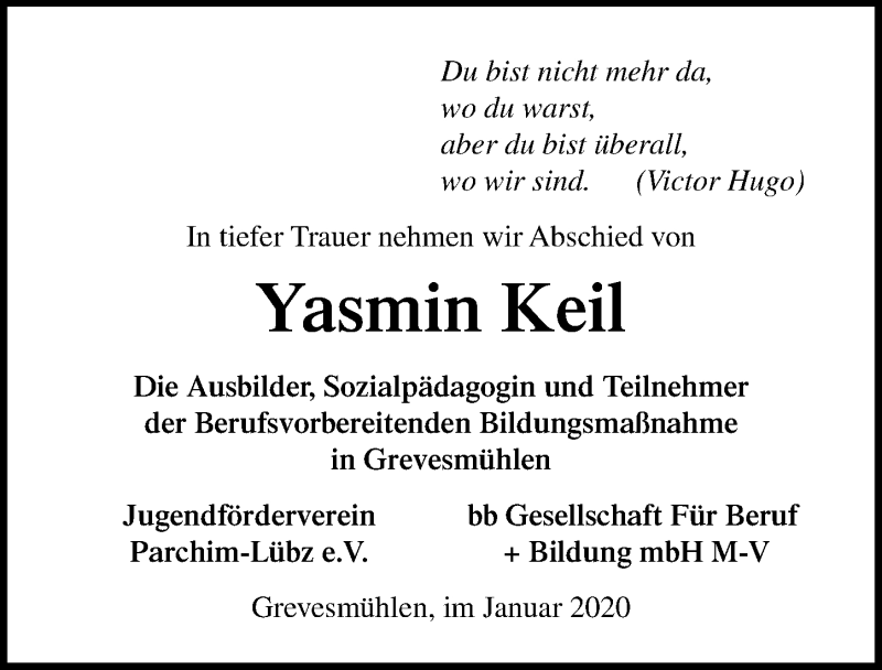  Traueranzeige für Yasmin Keil vom 08.02.2020 aus Ostsee-Zeitung GmbH