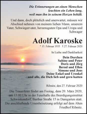 Traueranzeige von Adolf Karoske von Ostsee-Zeitung GmbH