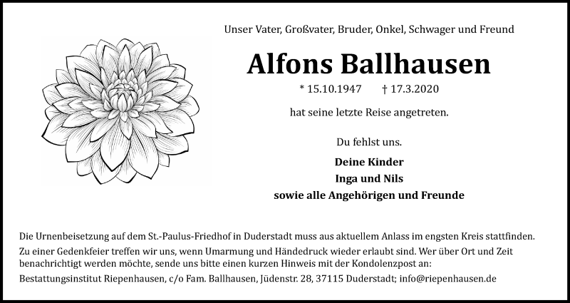  Traueranzeige für Alfons Ballhausen vom 21.03.2020 aus Eichsfelder Tageblatt